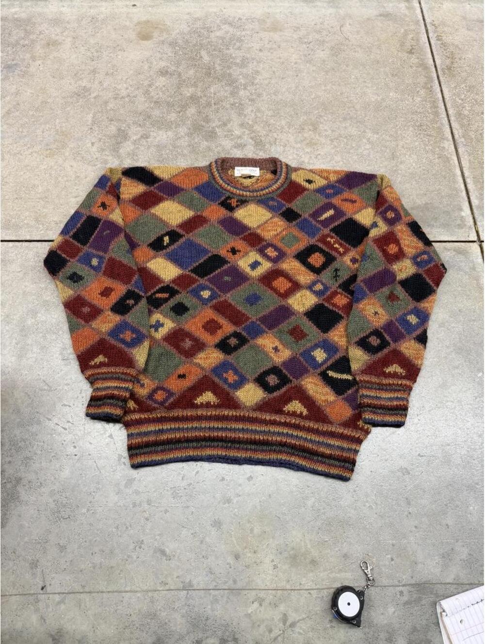 vintage tuttle golf collection orange purple and green diamond knit sweater
